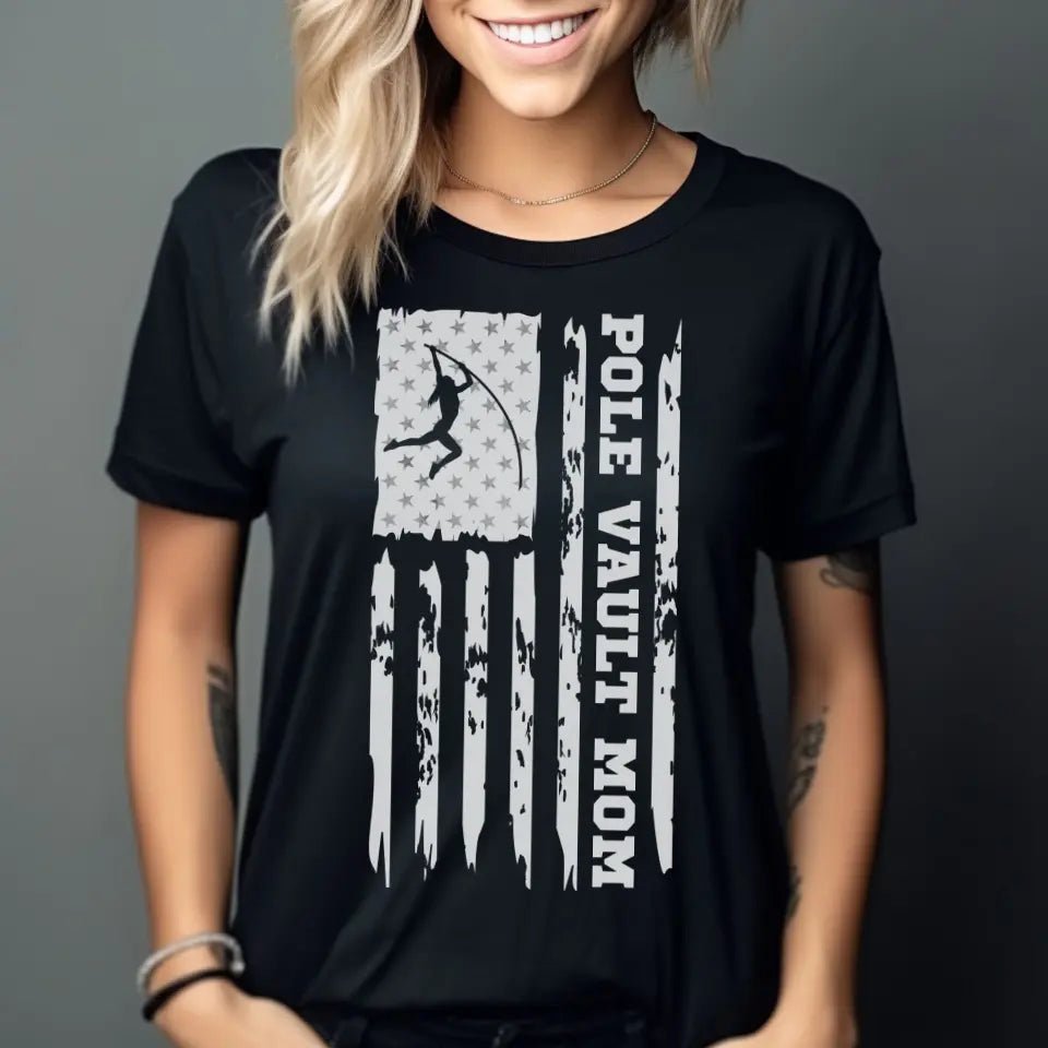Pole Vault Mom Vertical Flag on a Unisex T-Shirt with a White Graphic