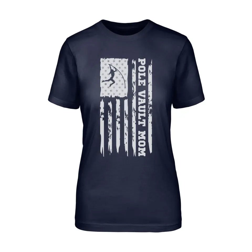 Pole Vault Mom Vertical Flag on a Unisex T-Shirt with a White Graphic