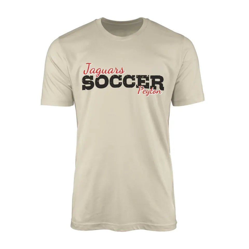 Custom Soccer Mascot and Soccer Player Name on a Men's T-Shirt with a Black Graphic