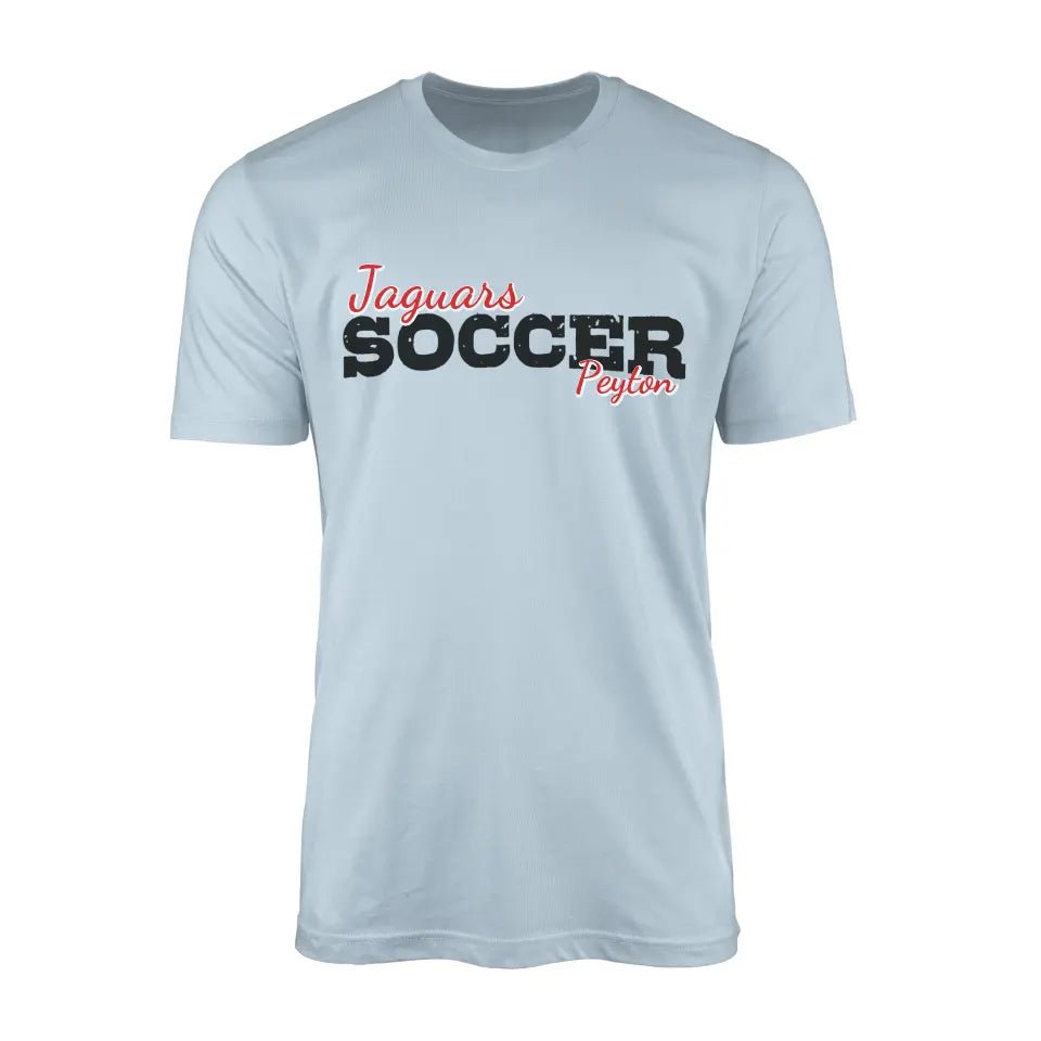 Custom Soccer Mascot and Soccer Player Name on a Men's T-Shirt with a Black Graphic