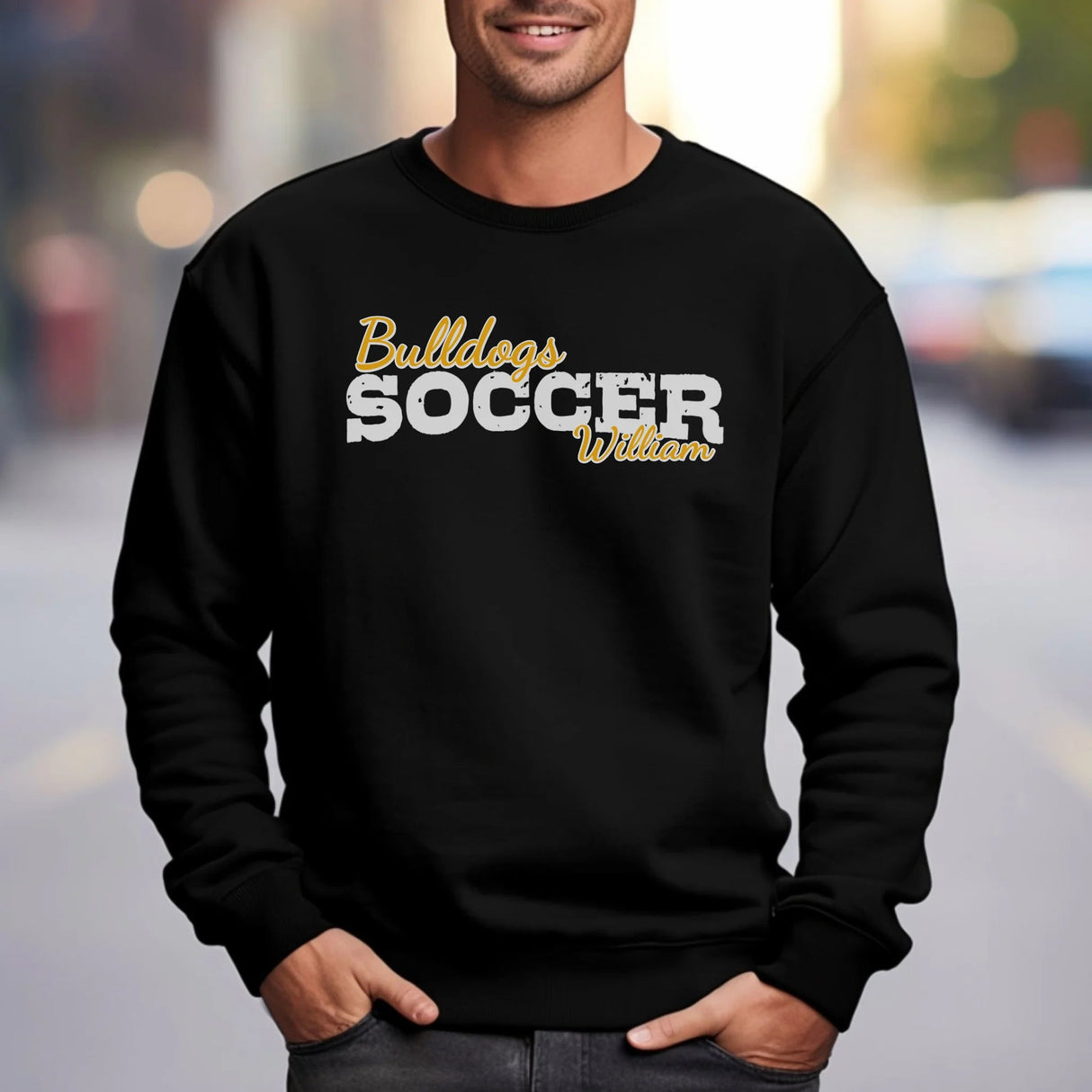 Custom Soccer Mascot and Soccer Player Name on a Sweatshirt with a White Graphic