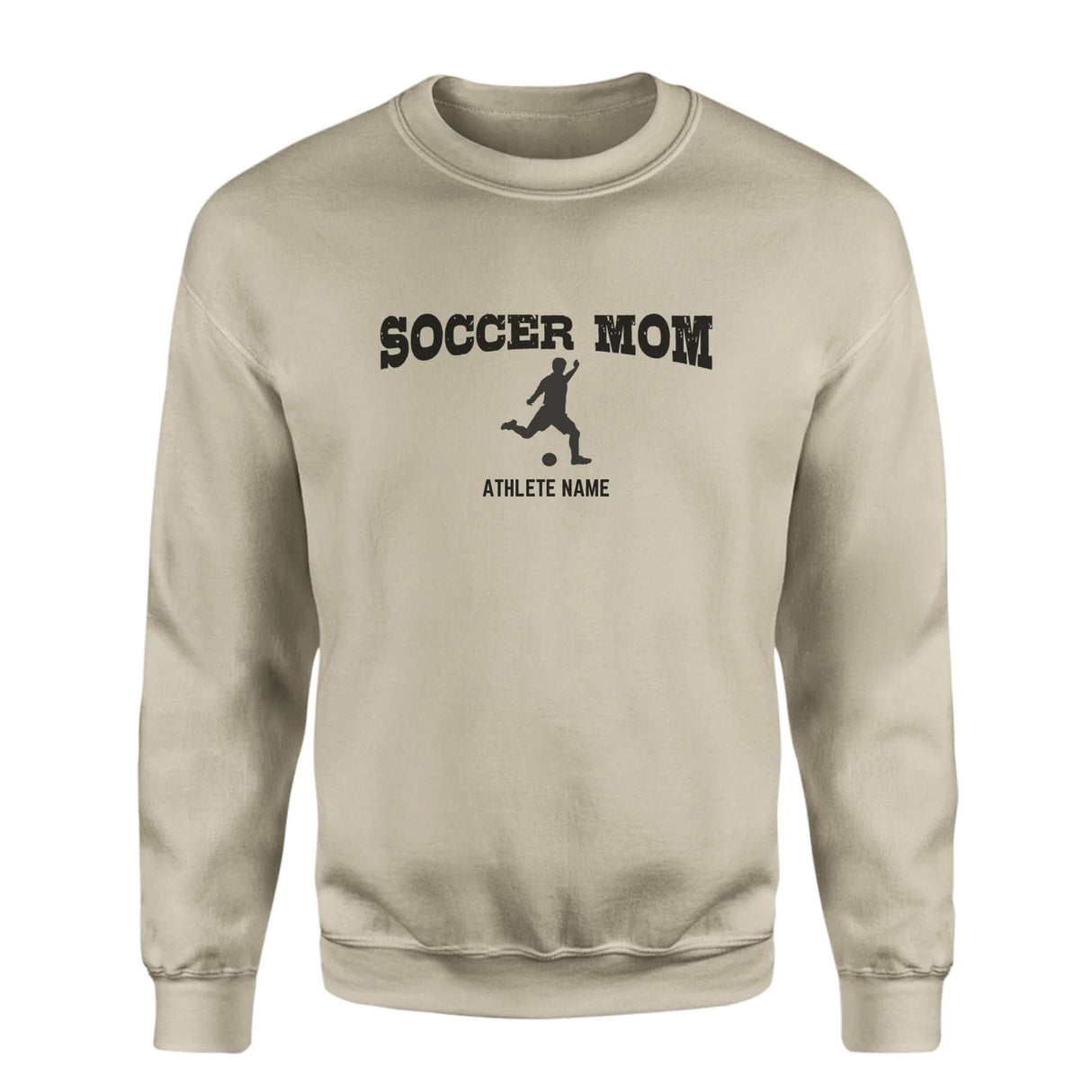 Soccer Mom with Soccer Player Icon and Soccer Player Name on a Sweatshirt with a Black Graphic