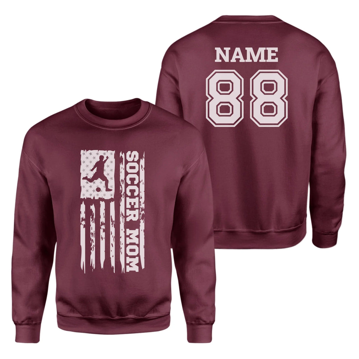 Soccer Mom Vertical Flag With Soccer Player Name on a Sweatshirt with a White Graphic