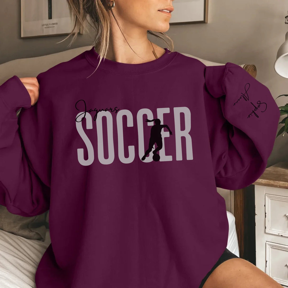 Personalized Soccer on a Sweatshirt With Modern Bold Design and Soccer Player Name on Sleeve on a Sweatshirt