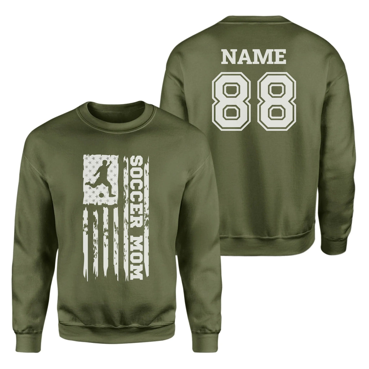 Soccer Mom Vertical Flag With Soccer Player Name on a Sweatshirt with a White Graphic