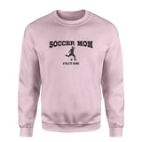 Soccer Mom with Soccer Player Icon and Soccer Player Name on a Sweatshirt with a Black Graphic