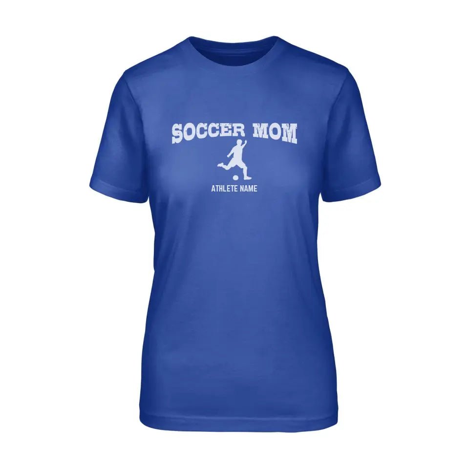 Soccer Mom with Soccer Player Icon and Soccer Player Name on a Unisex T-Shirt with a White Graphic