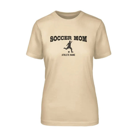 Soccer Mom with Soccer Player Icon and Soccer Player Name on a Unisex T-Shirt with a Black Graphic