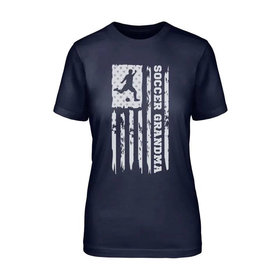 Soccer Grandma Vertical Flag on a Unisex T-Shirt with a White Graphic