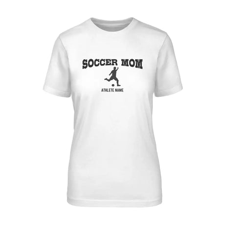 Soccer Mom with Soccer Player Icon and Soccer Player Name on a Unisex T-Shirt with a Black Graphic