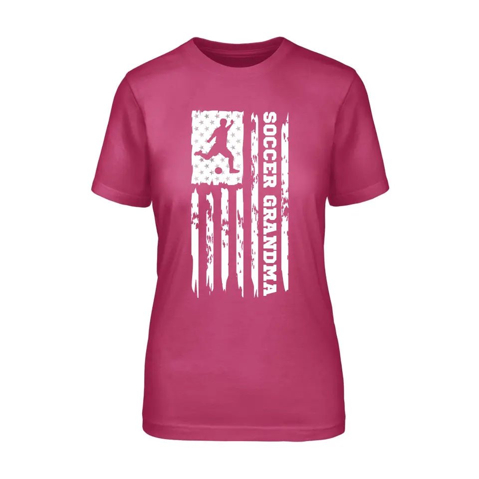 Soccer Grandma Vertical Flag on a Unisex T-Shirt with a White Graphic