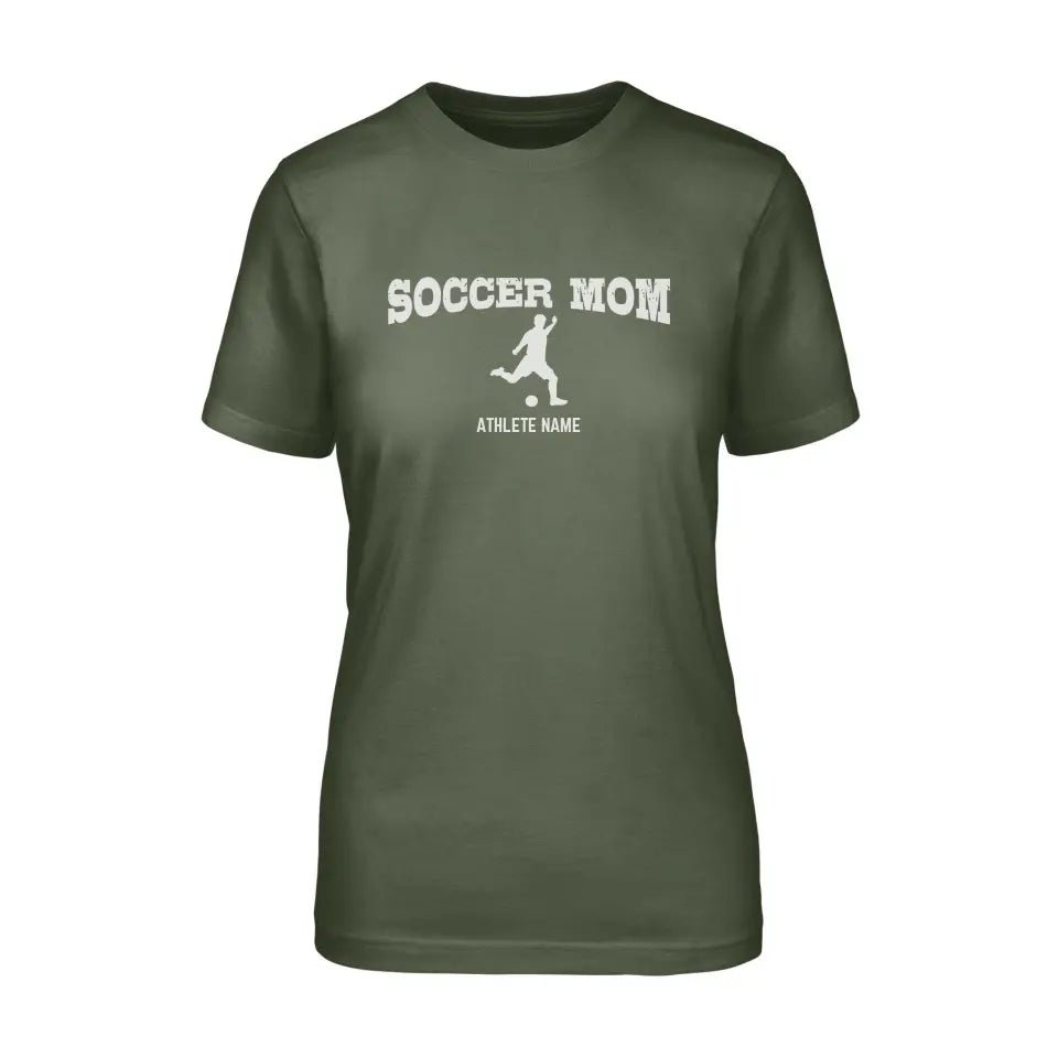 Soccer Mom with Soccer Player Icon and Soccer Player Name on a Unisex T-Shirt with a White Graphic