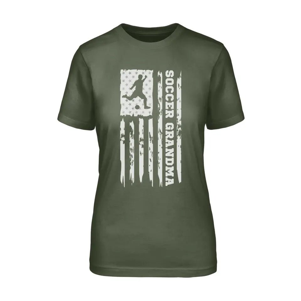 Soccer Grandma Vertical Flag on a Unisex T-Shirt with a White Graphic