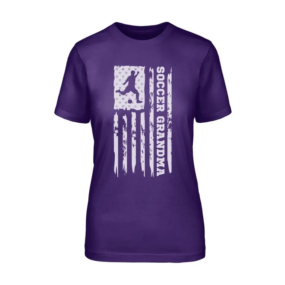 Soccer Grandma Vertical Flag on a Unisex T-Shirt with a White Graphic