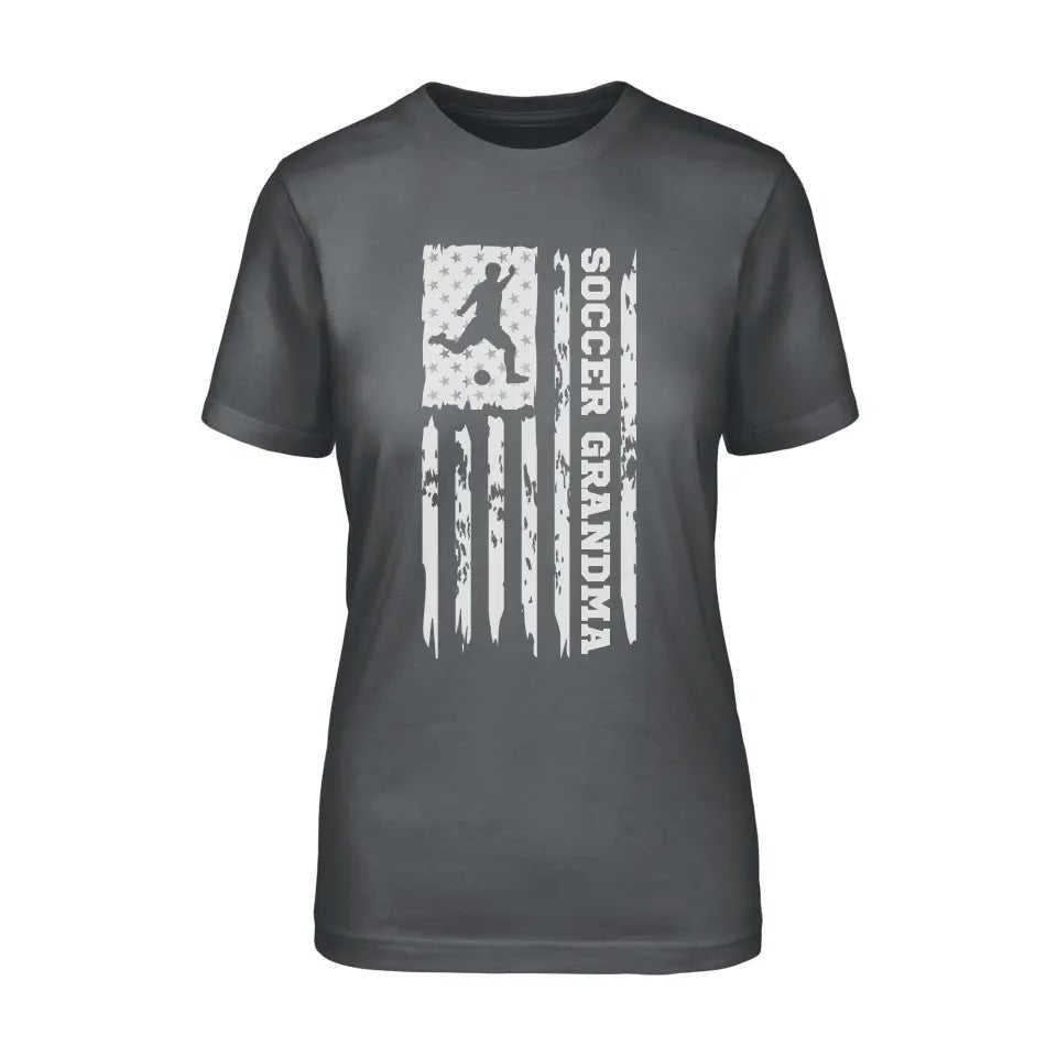Soccer Grandma Vertical Flag on a Unisex T-Shirt with a White Graphic