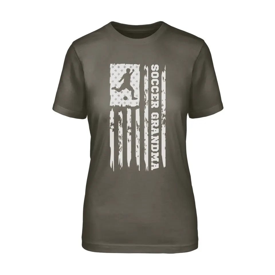 Soccer Grandma Vertical Flag on a Unisex T-Shirt with a White Graphic
