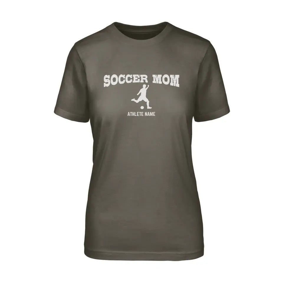 Soccer Mom with Soccer Player Icon and Soccer Player Name on a Unisex T-Shirt with a White Graphic