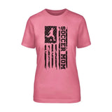 Soccer Mom Vertical Flag on a Unisex T-Shirt with a Black Graphic