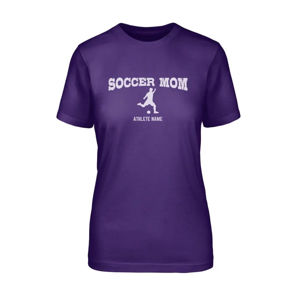 Soccer Mom with Soccer Player Icon and Soccer Player Name on a Unisex T-Shirt with a White Graphic