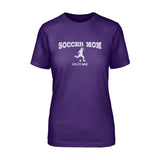 Soccer Mom with Soccer Player Icon and Soccer Player Name on a Unisex T-Shirt with a White Graphic