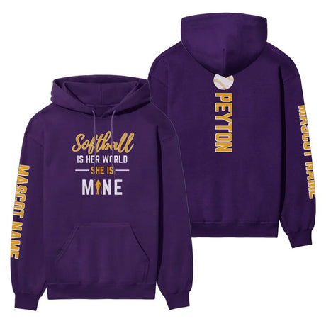 Softball Is Her World, She Is Mine With Softball Player Name And Custom Sleeve on a Hoodie