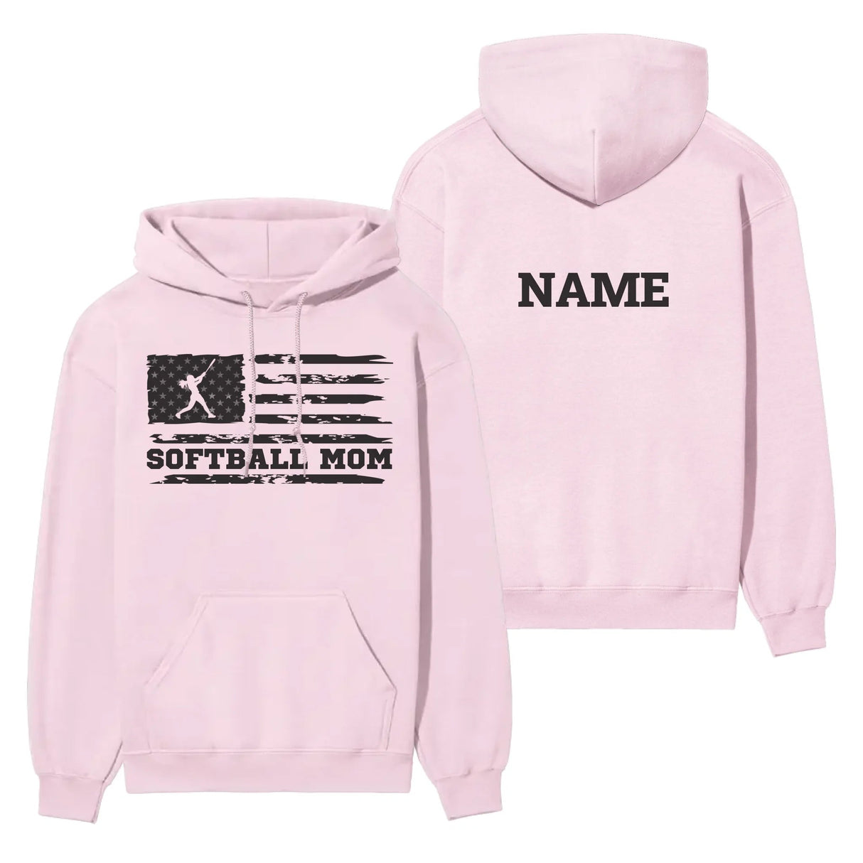 Softball Mom Horizontal Flag With Softball Player Name on a Hoodie with a Black Graphic