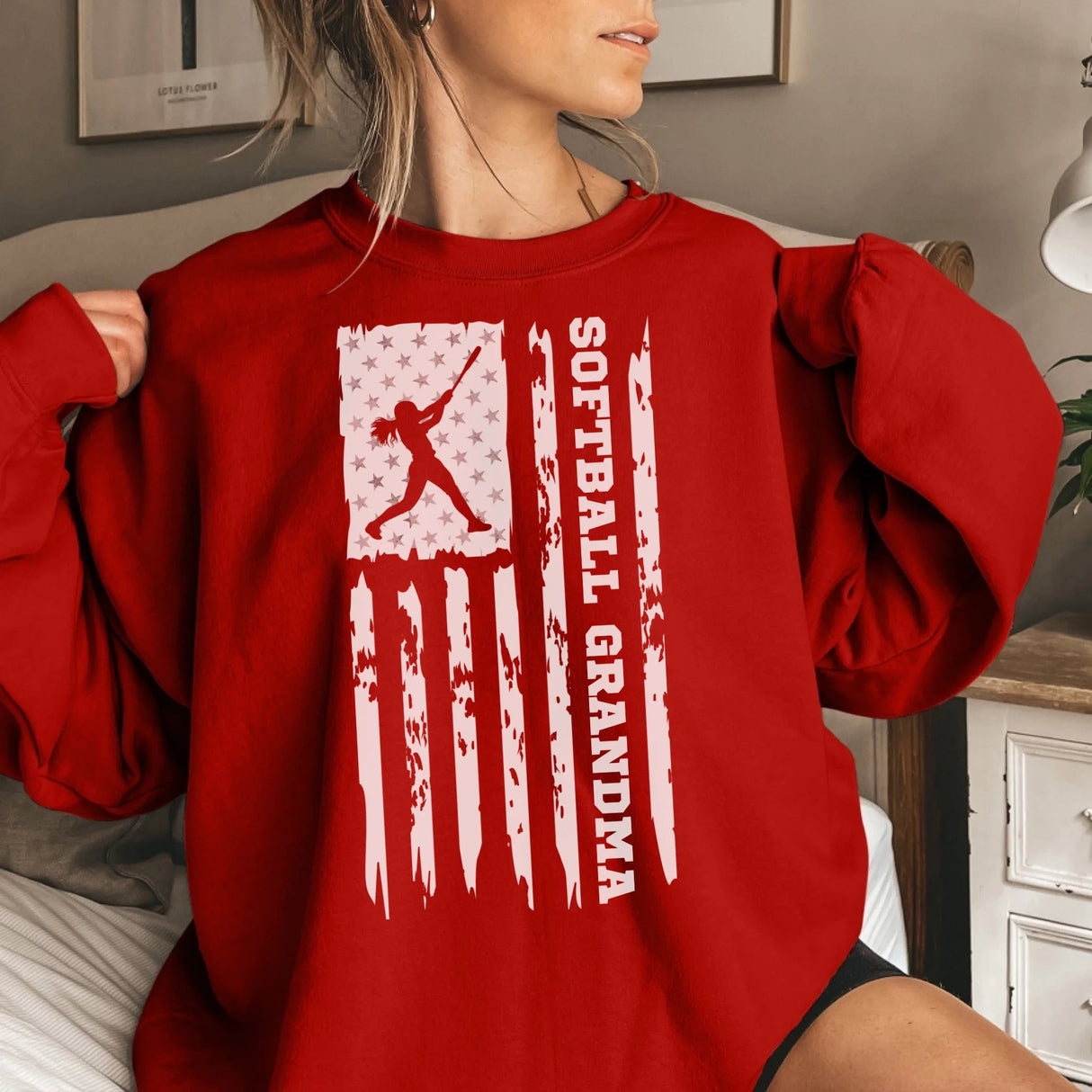 Softball Grandma Vertical Flag on a Sweatshirt with a White Graphic
