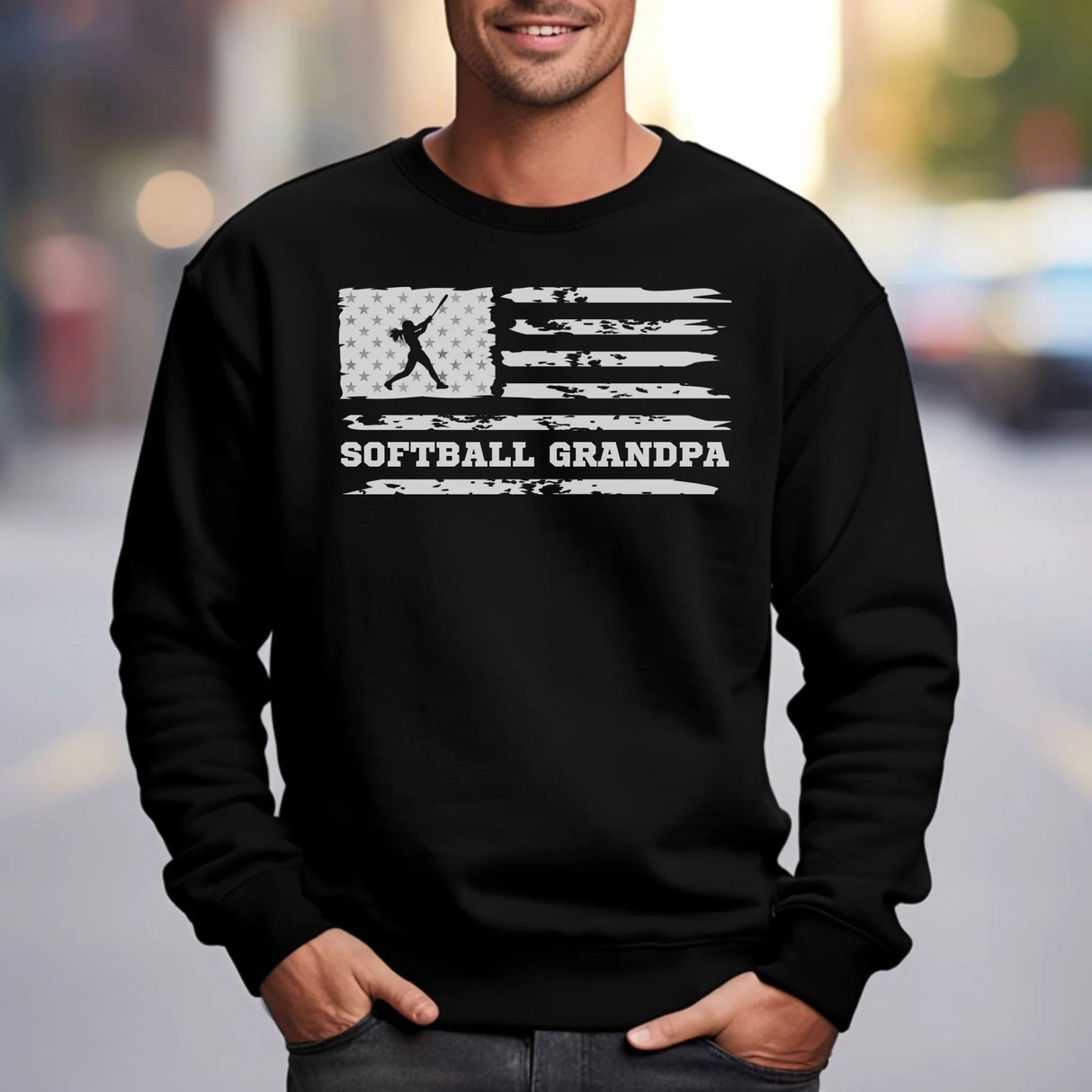 Softball Grandpa Horizontal Flag on a Sweatshirt with a White Graphic