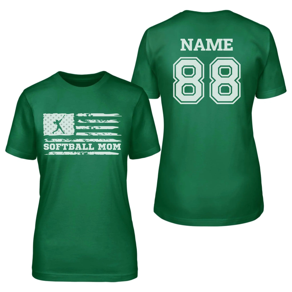 Softball Mom Horizontal Flag With Softball Player Name on a Unisex T-Shirt with a White Graphic