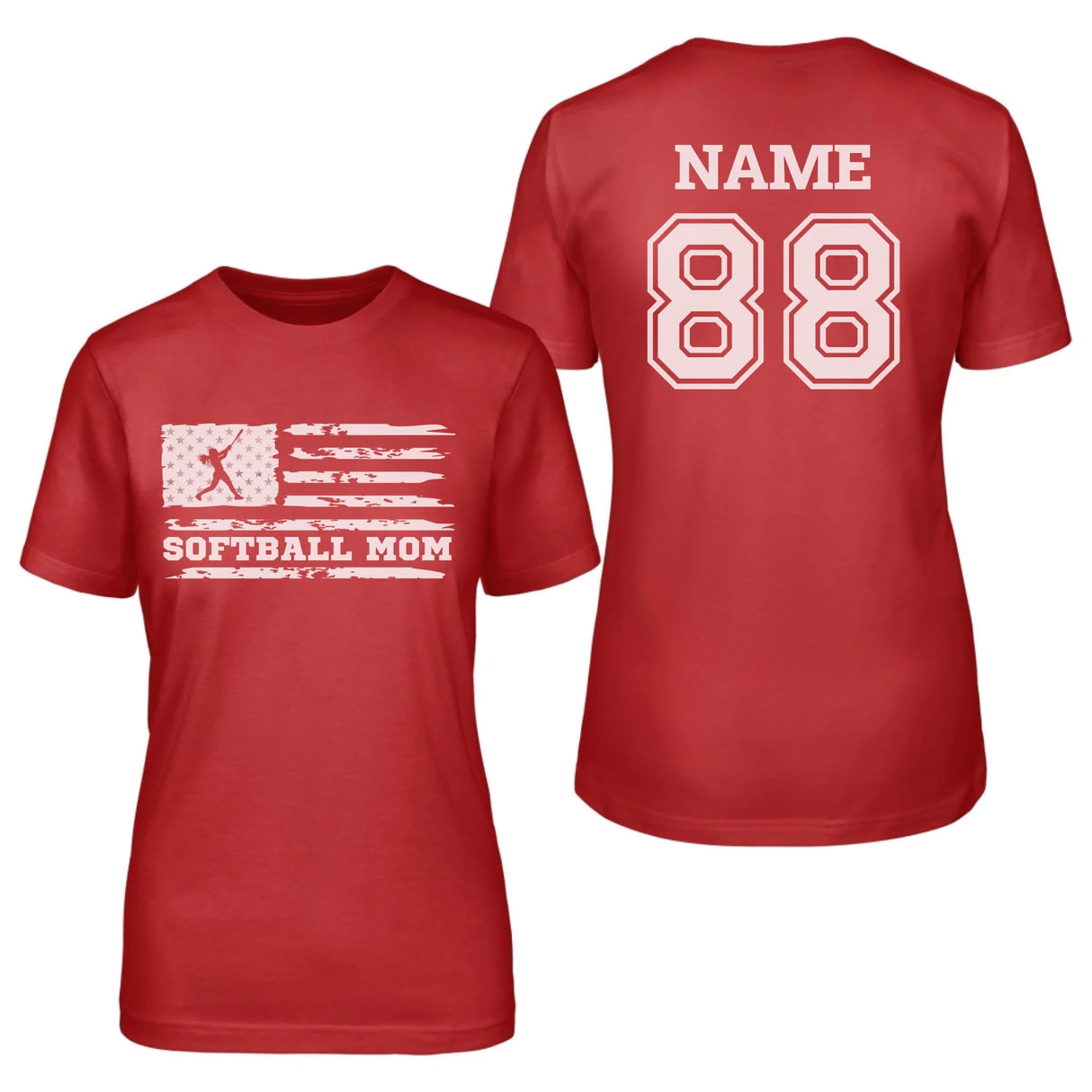 Softball Mom Horizontal Flag With Softball Player Name on a Unisex T-Shirt with a White Graphic