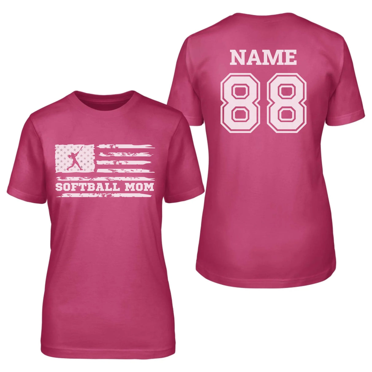Softball Mom Horizontal Flag With Softball Player Name on a Unisex T-Shirt with a White Graphic