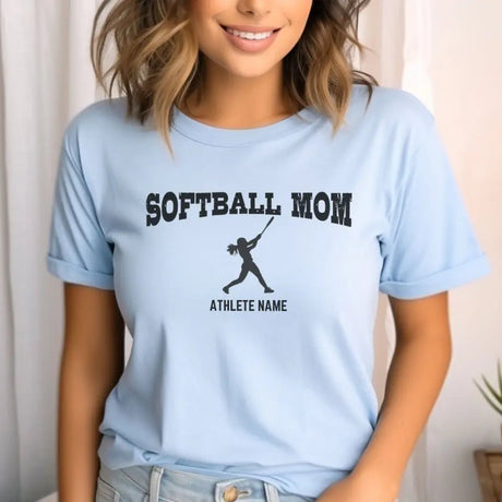 Softball Mom with Softball Player Icon and Softball Player Name on a Unisex T-Shirt with a Black Graphic