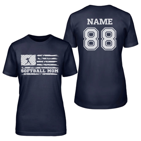 Softball Mom Horizontal Flag With Softball Player Name on a Unisex T-Shirt with a White Graphic