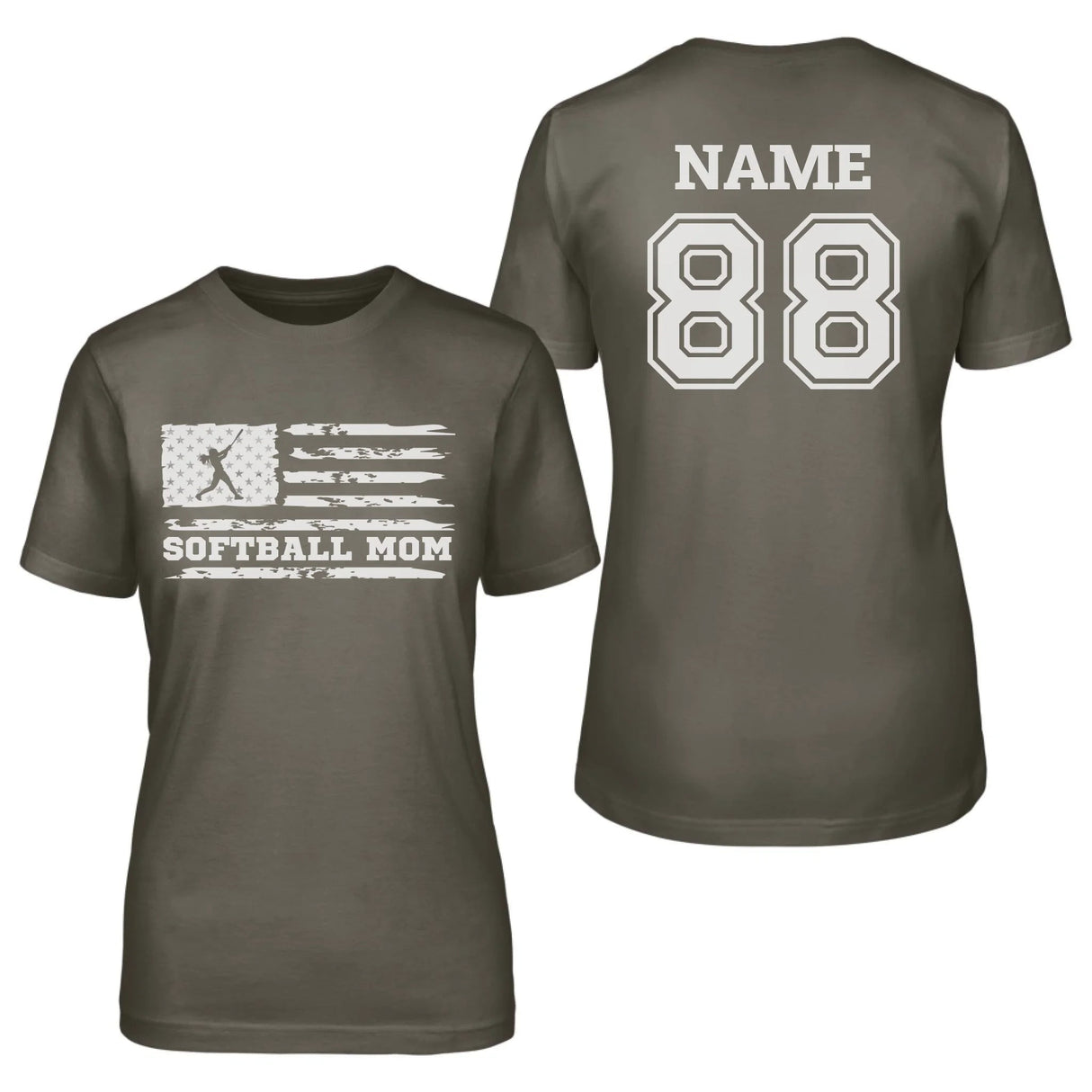 Softball Mom Horizontal Flag With Softball Player Name on a Unisex T-Shirt with a White Graphic