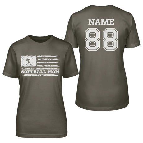 Softball Mom Horizontal Flag With Softball Player Name on a Unisex T-Shirt with a White Graphic