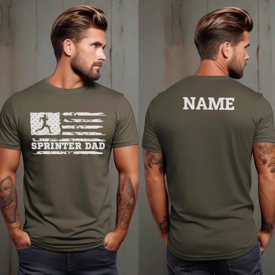 Sprint Dad Horizontal Flag With Sprinter Name on a Men's T-Shirt with a White Graphic
