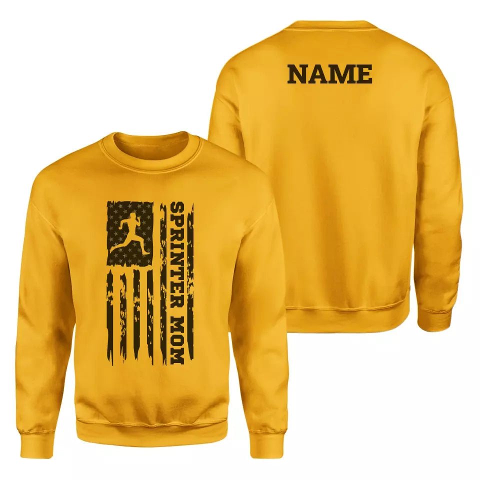 Sprint Mom Vertical Flag With Sprinter Name on a Sweatshirt with a Black Graphic