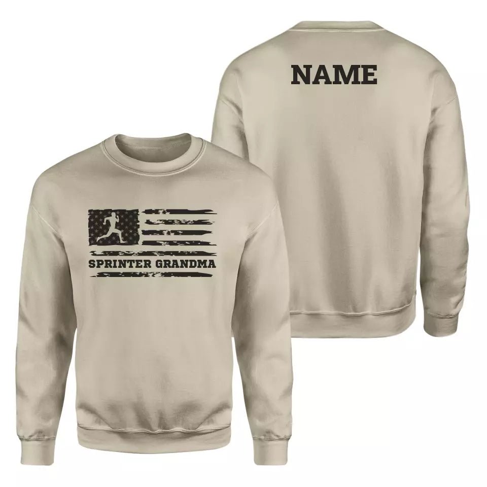 Sprint Grandma Horizontal Flag With Sprinter Name on a Sweatshirt with a Black Graphic