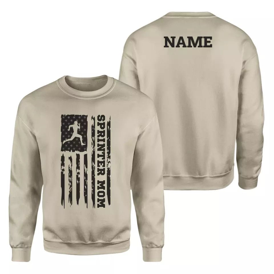 Sprint Mom Vertical Flag With Sprinter Name on a Sweatshirt with a Black Graphic