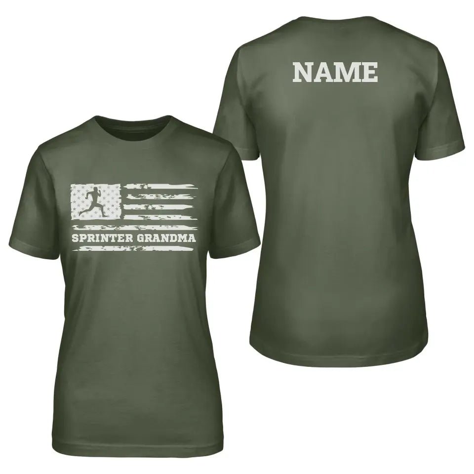 Sprint Grandma Horizontal Flag With Sprinter Name on a Unisex T-Shirt with a White Graphic