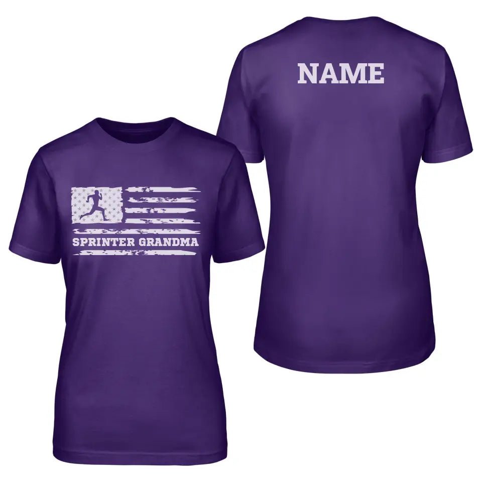Sprint Grandma Horizontal Flag With Sprinter Name on a Unisex T-Shirt with a White Graphic