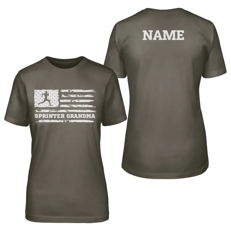 Sprint Grandma Horizontal Flag With Sprinter Name on a Unisex T-Shirt with a White Graphic