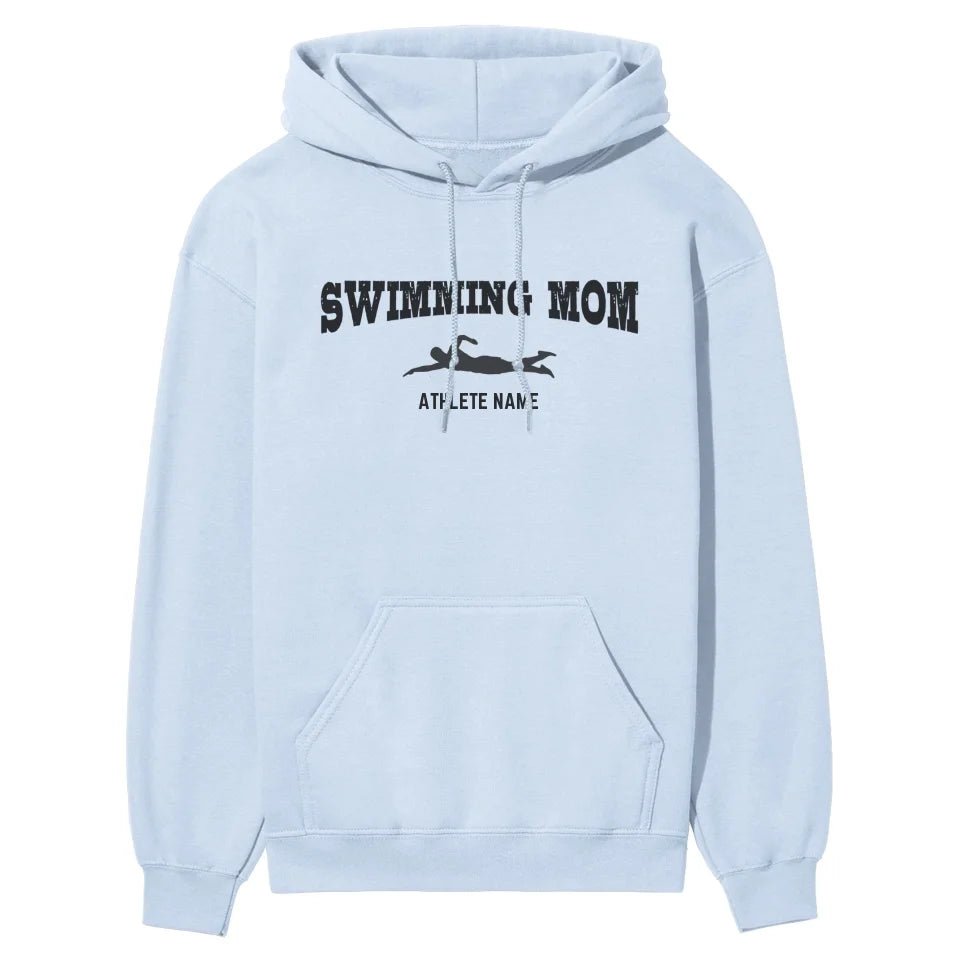 Swimming Mom with Swimmer Icon and Swimmer Name on a Hoodie with a Black Graphic