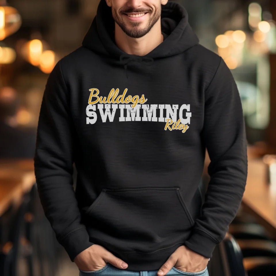 Custom Swimming Mascot and Swimmer Name on a Hoodie with a White Graphic