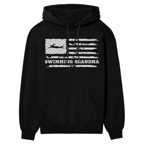 Swimming Grandma Horizontal Flag on a Hoodie with a White Graphic