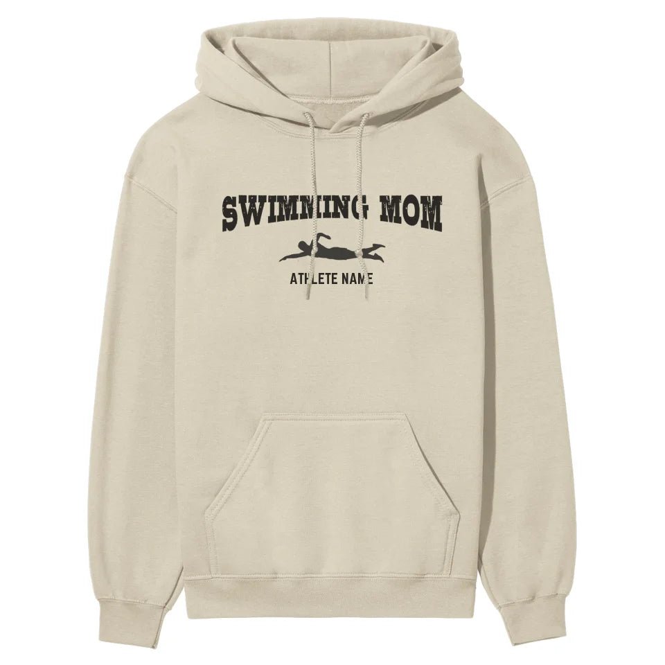 Swimming Mom with Swimmer Icon and Swimmer Name on a Hoodie with a Black Graphic