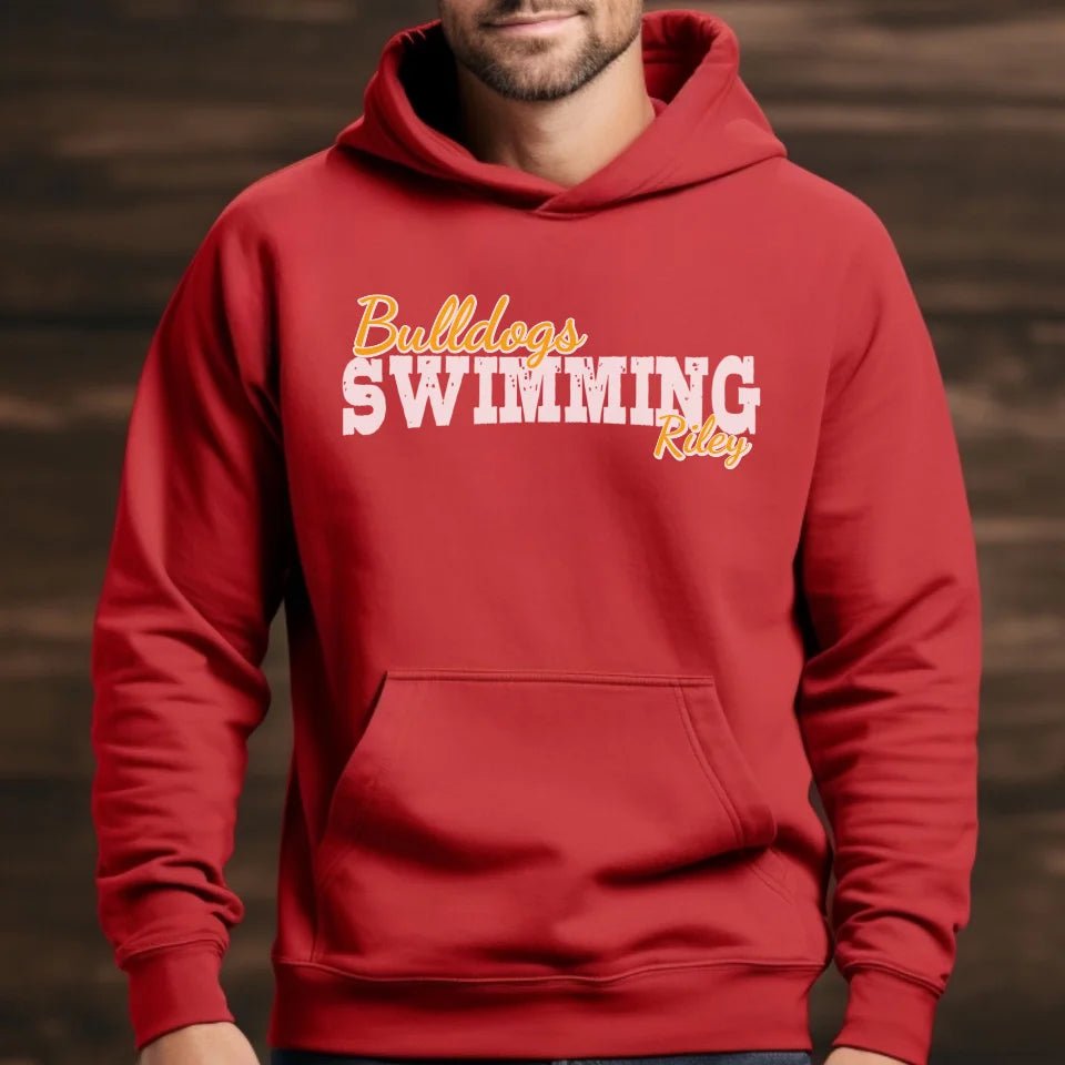 Custom Swimming Mascot and Swimmer Name on a Hoodie with a White Graphic