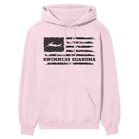 Swimming Grandma Horizontal Flag on a Hoodie with a Black Graphic