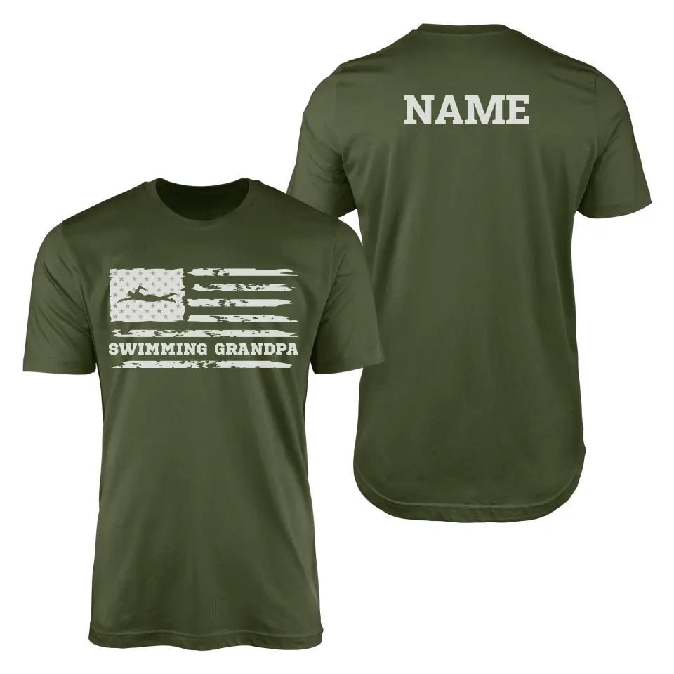 Swimming Grandpa Horizontal Flag With Swimmer Name on a Men's T-Shirt with a White Graphic