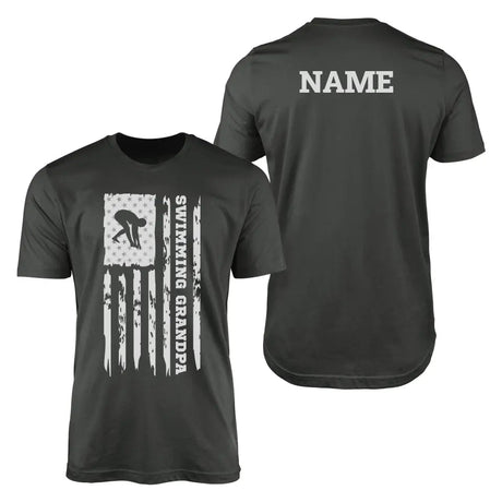 Swimming Grandpa Vertical Flag With Swimmer Name on a Men's T-Shirt with a White Graphic